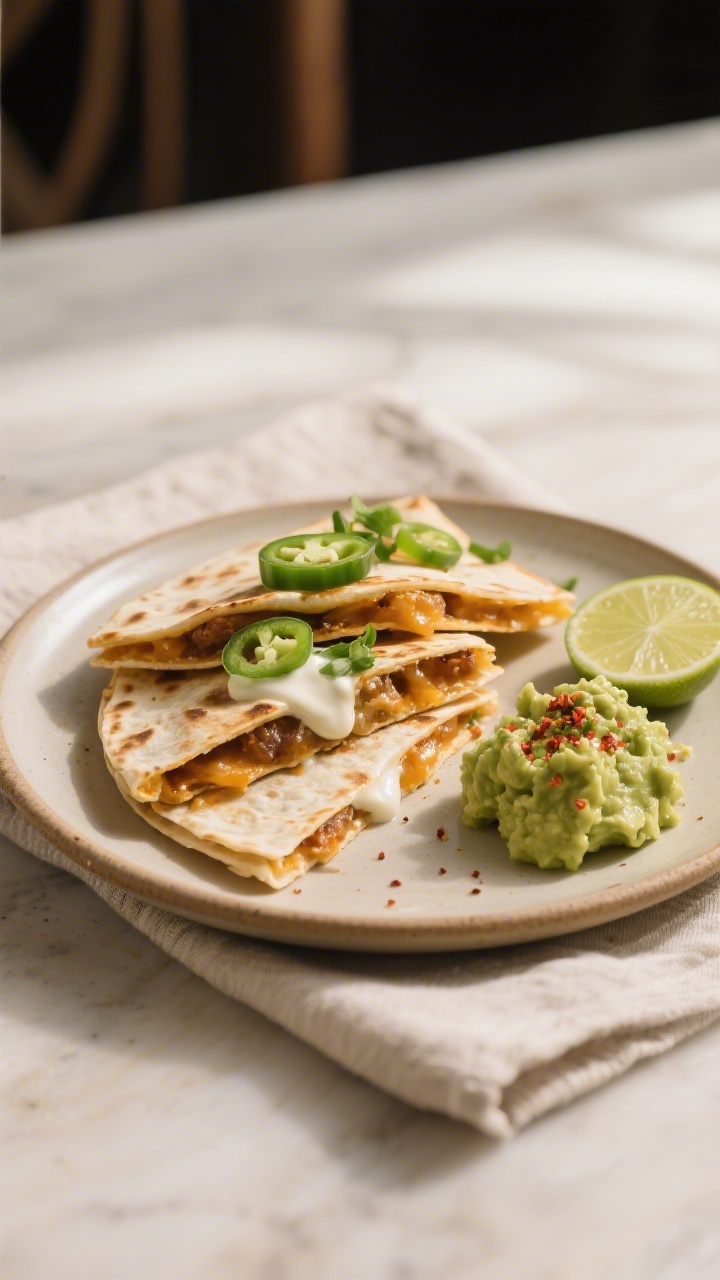Final plated presentation: Restaurant-quality plate with stacked quesadilla wedges leaning to reveal