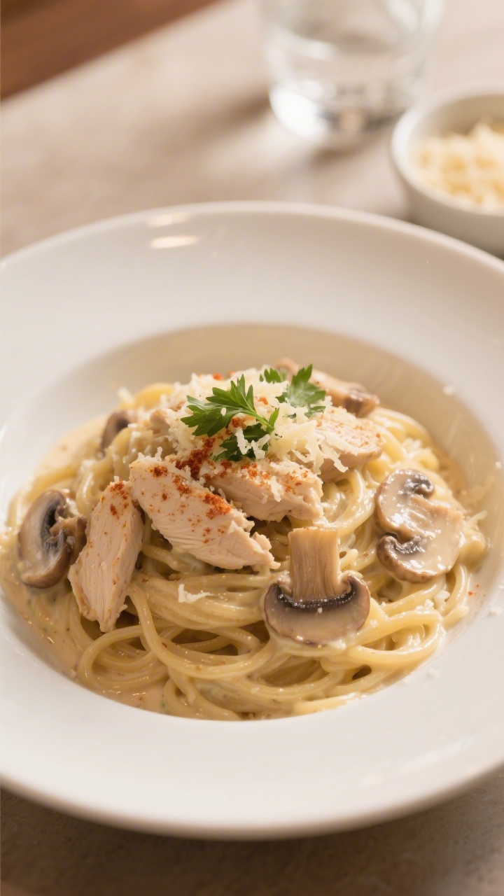 Final plated presentation: Restaurant-quality plate of Chicken Tetrazzini twirled into a neat mound