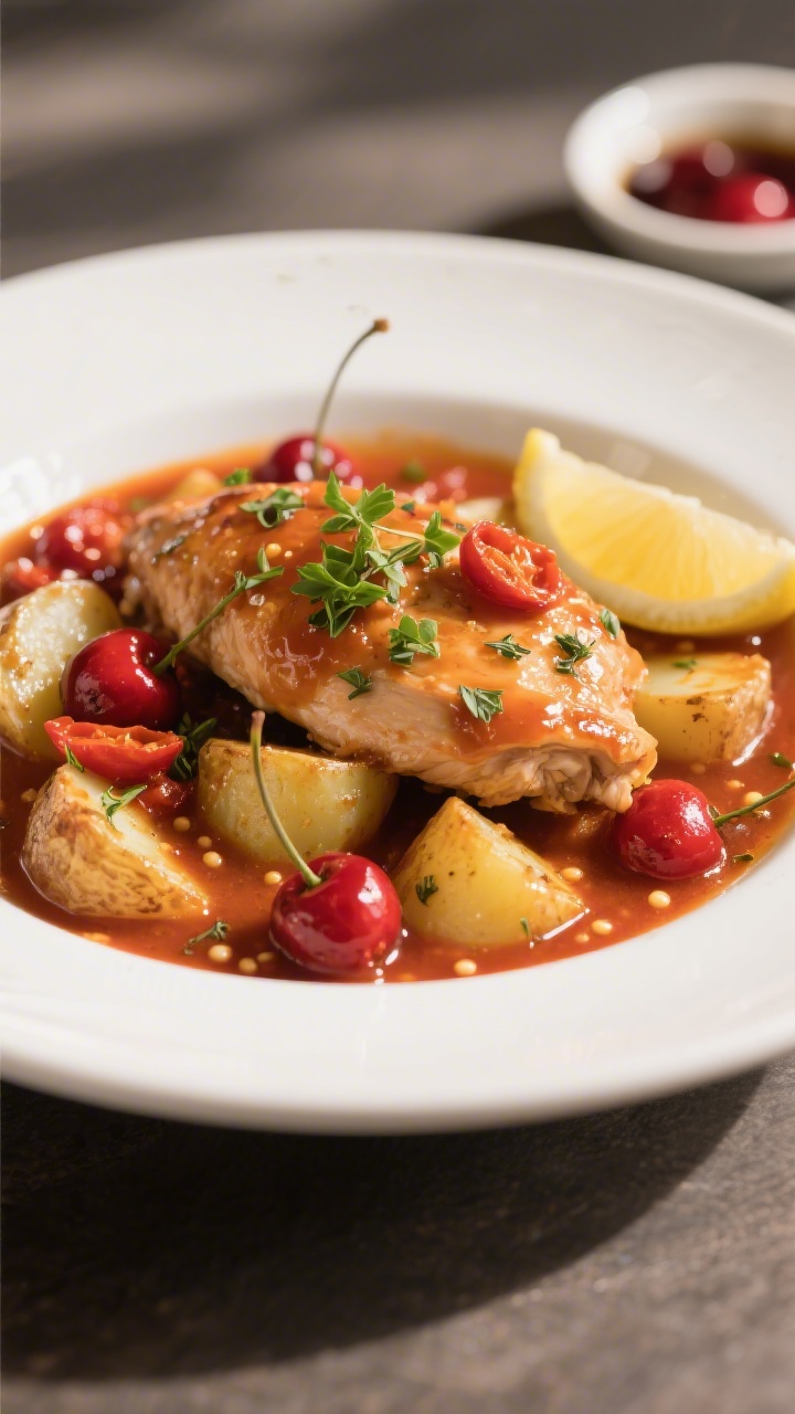 Final plated restaurant-style presentation, close-up detail: A shallow white bowl with a generous la