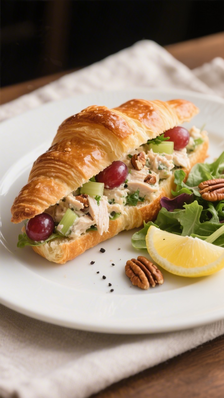 Final plated sandwich: Pecan chicken salad croissant sandwich, overstuffed with creamy chicken, halv