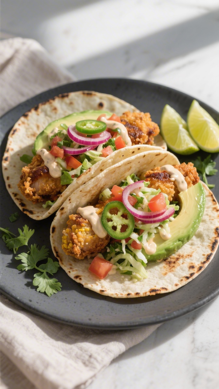 Final plated taco beauty: Two fried chicken tacos on a matte charcoal plate, warm lightly charred co