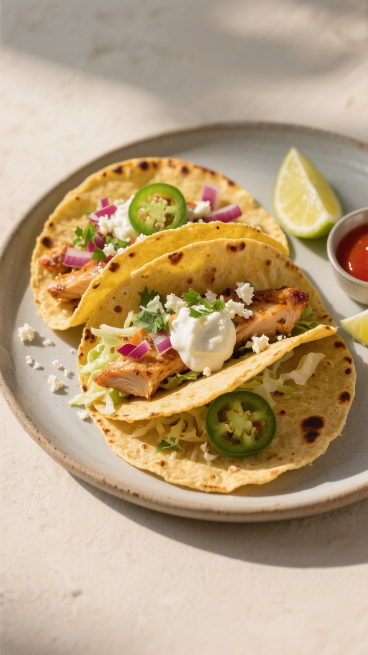 Final plated tacos beauty shot: Three Mexican chicken tacos arranged on a matte ceramic plate, warm