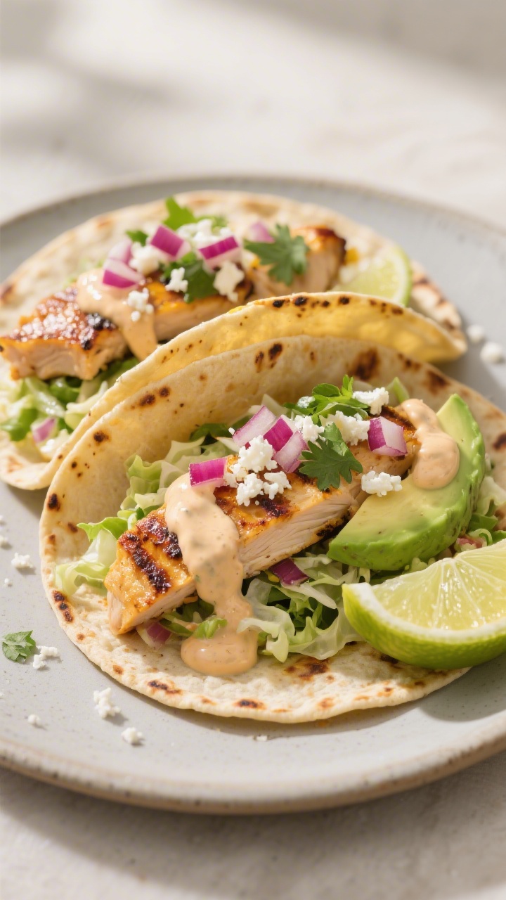 Final plated tacos beauty shot: Two grilled chicken tacos on warm, lightly charred corn tortillas, l