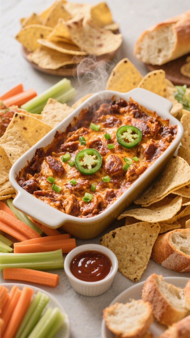 Final presentation: Tasty top-down party spread featuring the finished BBQ chicken dip centered in i