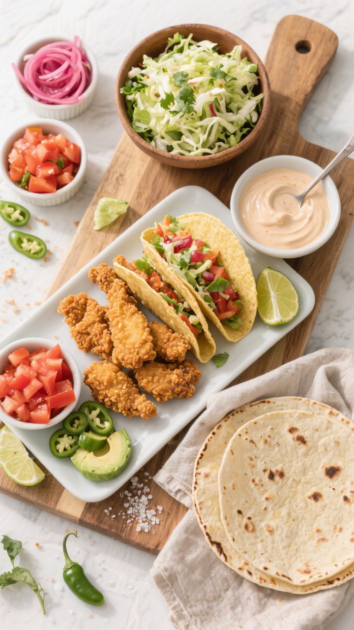 Overhead “build-your-own” spread: Top-down shot of a taco assembly board featuring a platter of