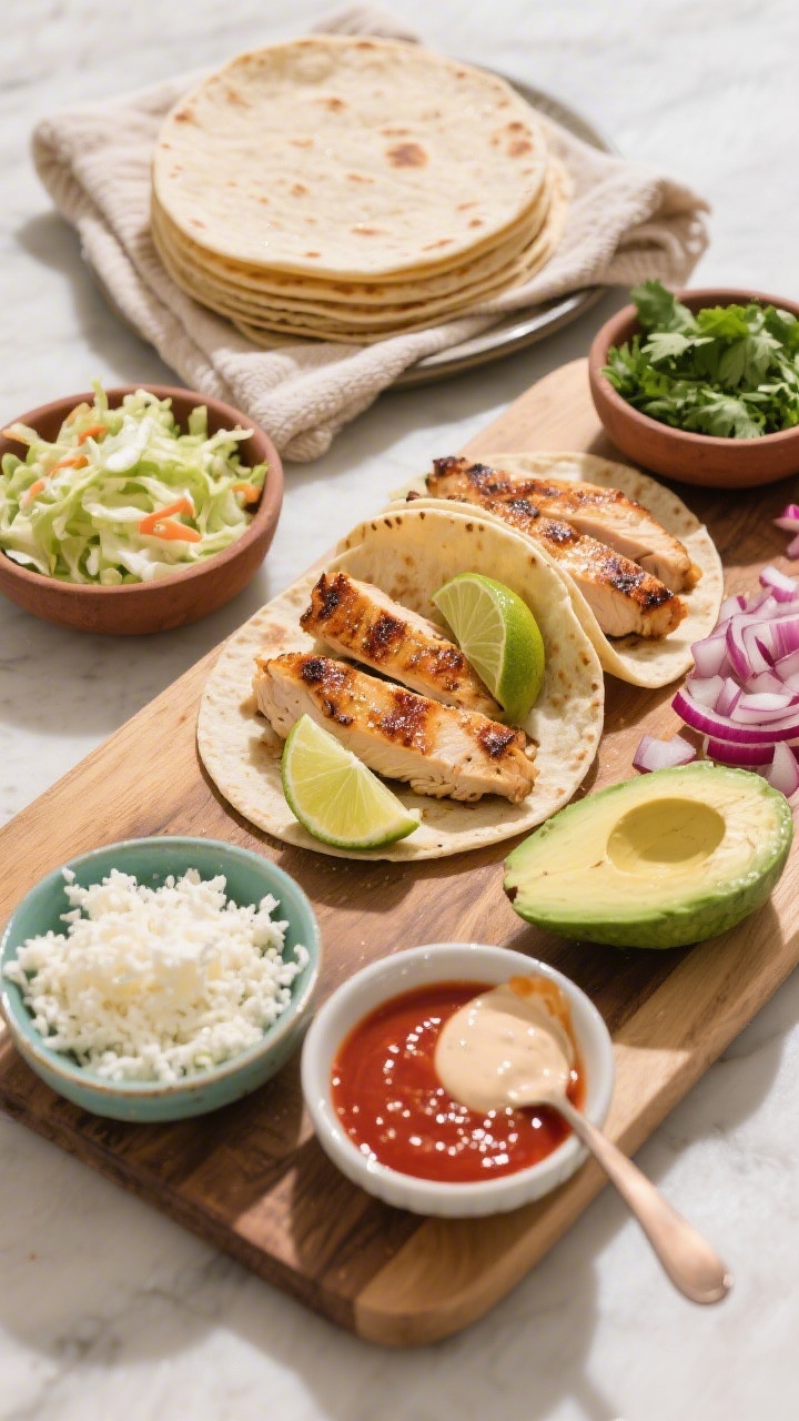 Overhead “build-your-own” spread: Top-down shot of a taco assembly board featuring a warm stack
