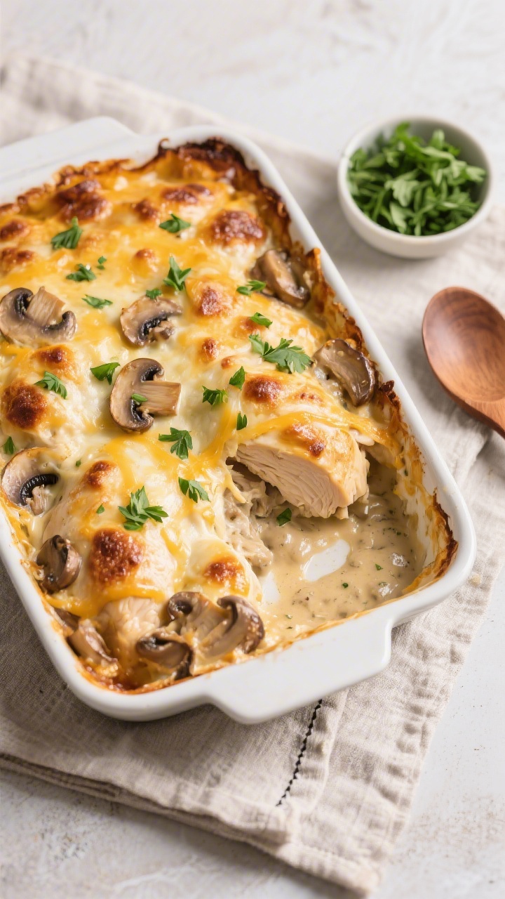 Overhead casserole reveal: Fresh-from-the-oven Chicken Gloria in a 9x13 baking dish, cheese melted a