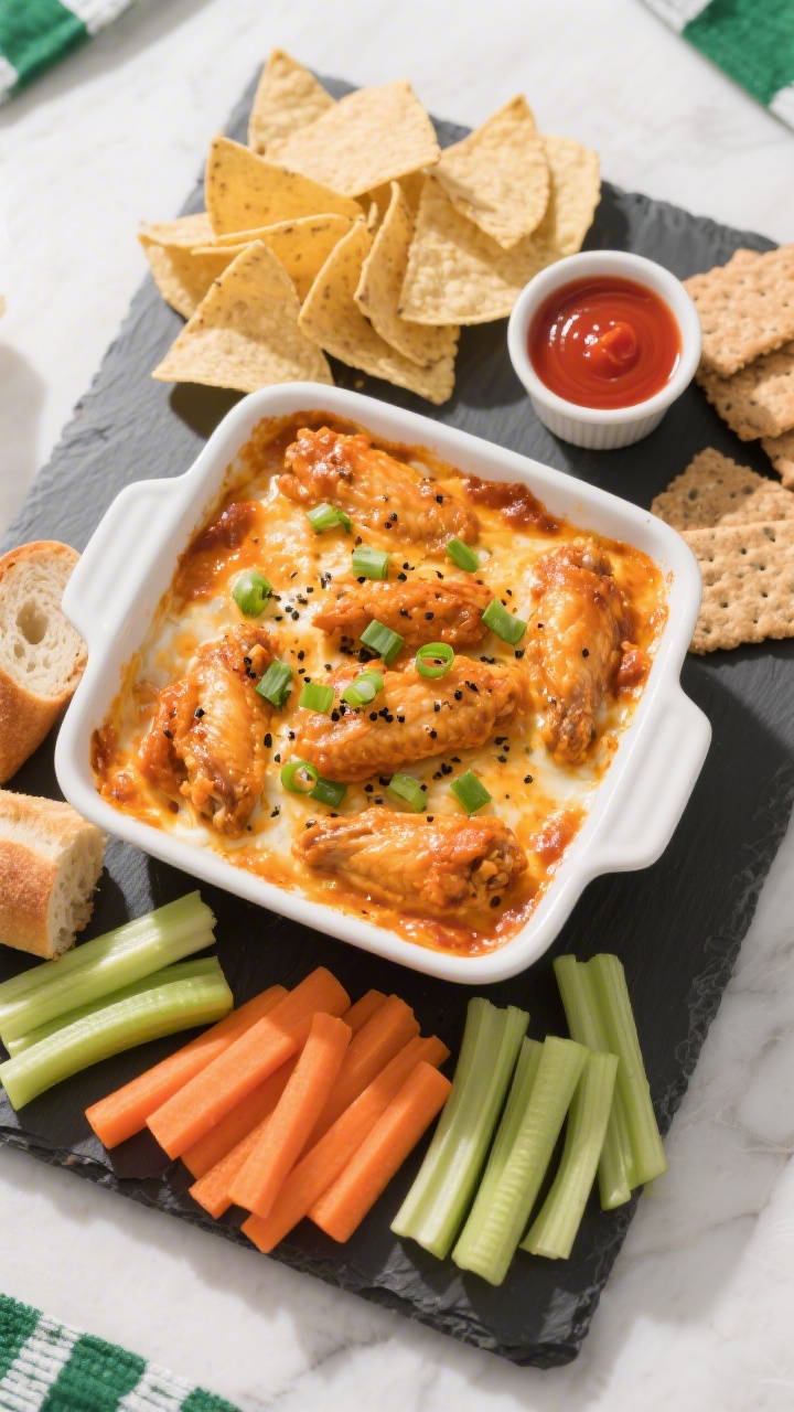 Overhead “game day” spread: of the finished buffalo chicken wings dip in an 8x8 white baking dis