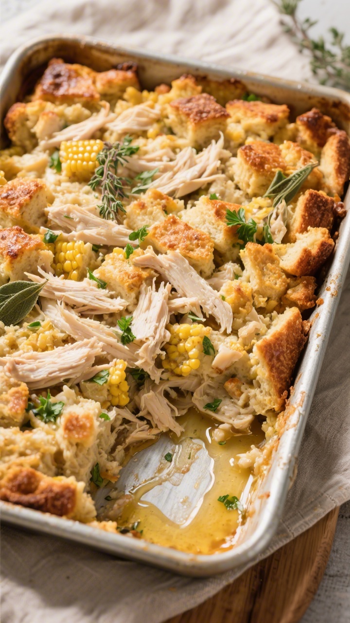 Overhead “in the pan” shot: Golden-baked chicken dressing in a 9x13 dish, top lightly crisped an