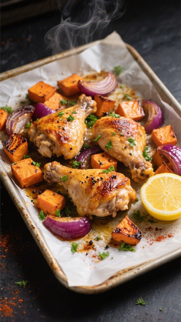 Overhead shot of a hot sheet pan just pulled from the oven: juicy, golden-brown chicken thighs nestl