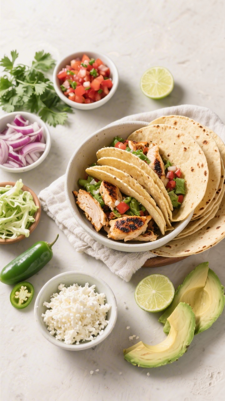 Overhead “taco night” spread: Top-down shot of a build-your-own taco setup featuring a bowl of c
