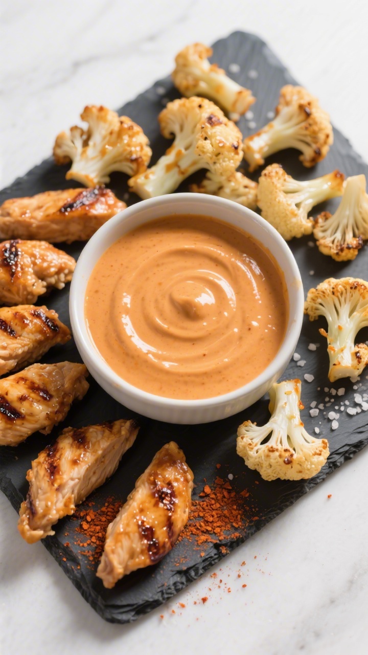 Overhead tasty top view: Buffalo chicken sauce as a dip in a low, wide bowl—smooth, glossy surface