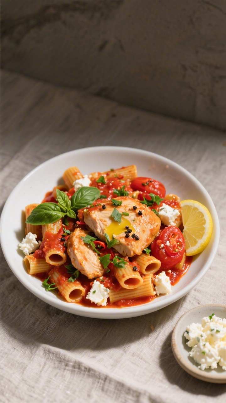 Overhead “tasty top view”: Chicken feta tomato served over al dente rigatoni, pockets of creamy,