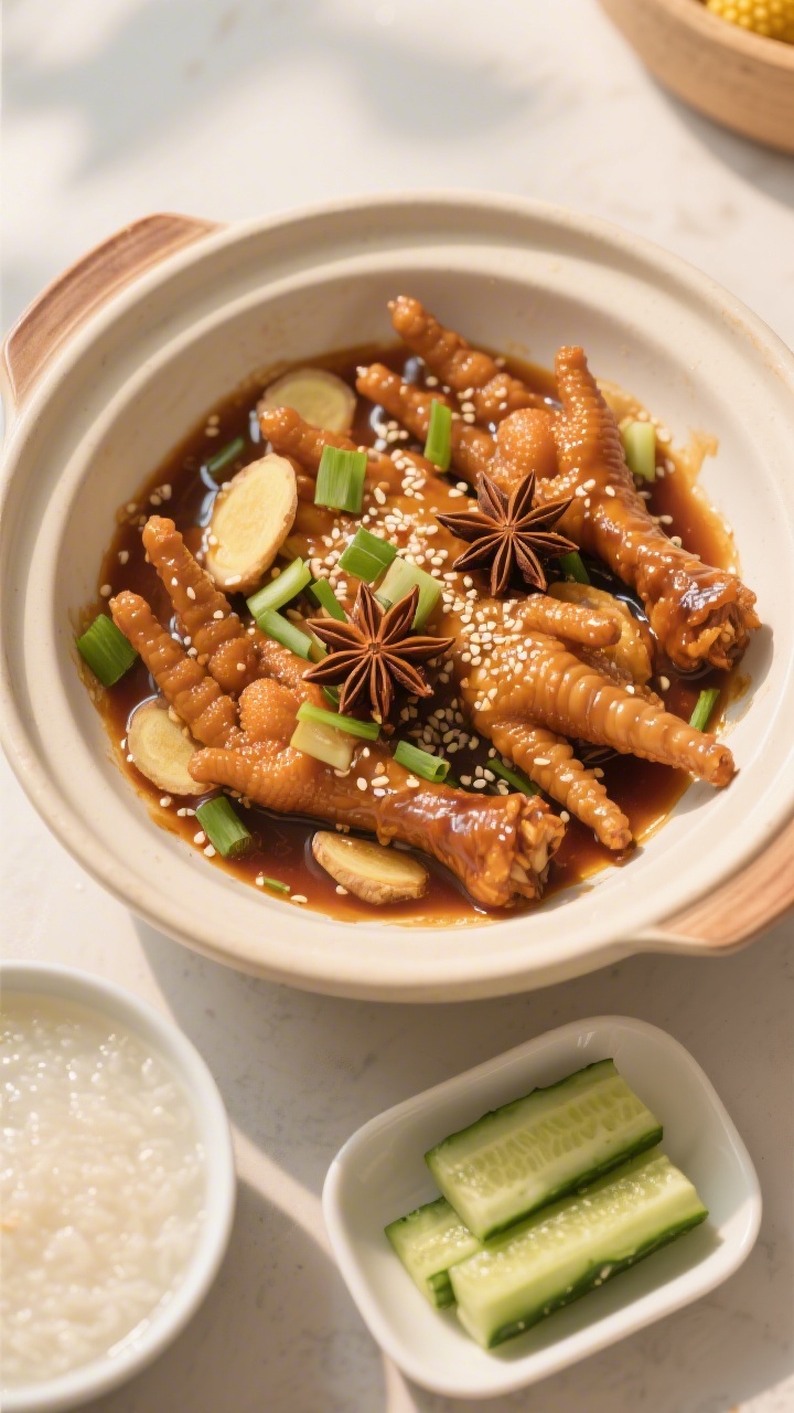 Overhead “tasty top view”: family-style serving of the finished chicken feet arranged in a shall
