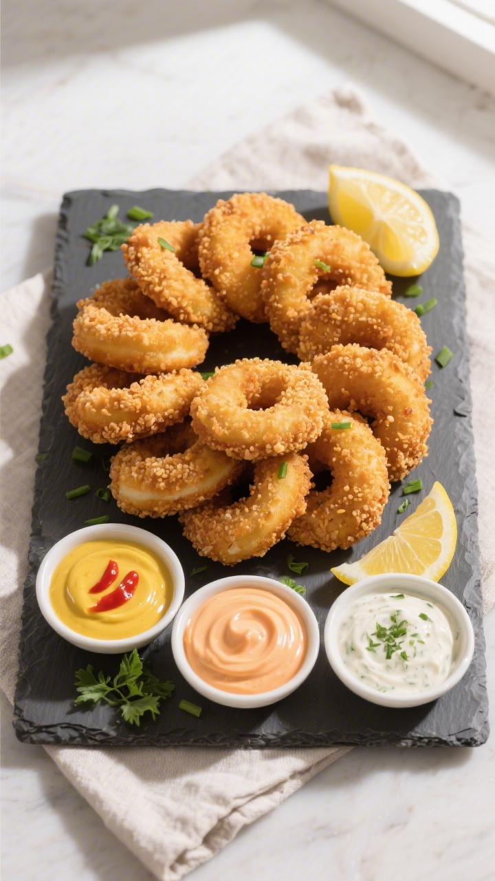 Overhead “tasty top view” of a party-style platter of chicken donuts arranged in a neat stack an