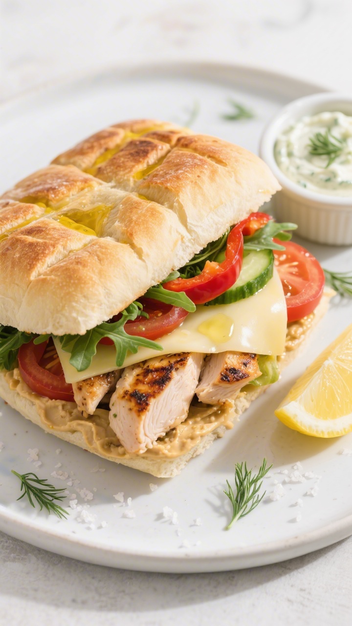 Overhead “tasty top view” of a pressed Mediterranean chicken panini on toasted ciabatta: layers