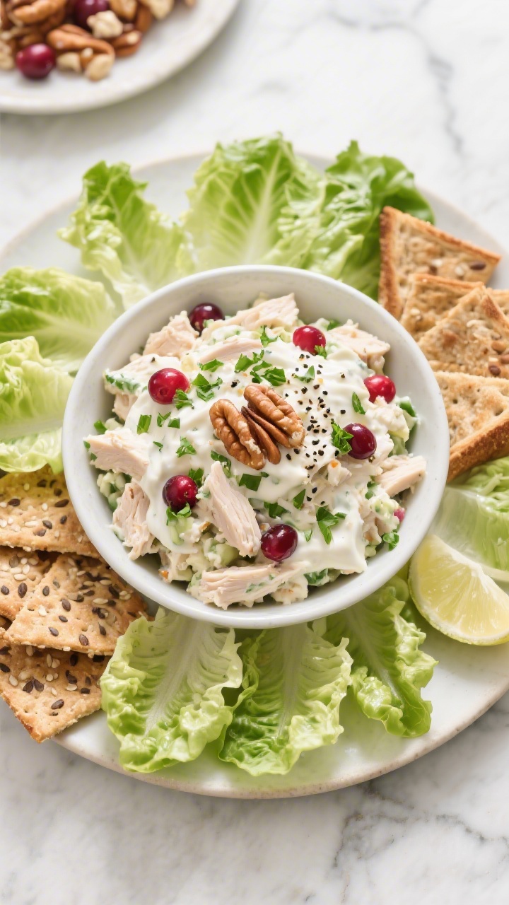 Overhead “tasty top view” platter: Large bowl of creamy chicken salad with Greek-yogurt–mayo d