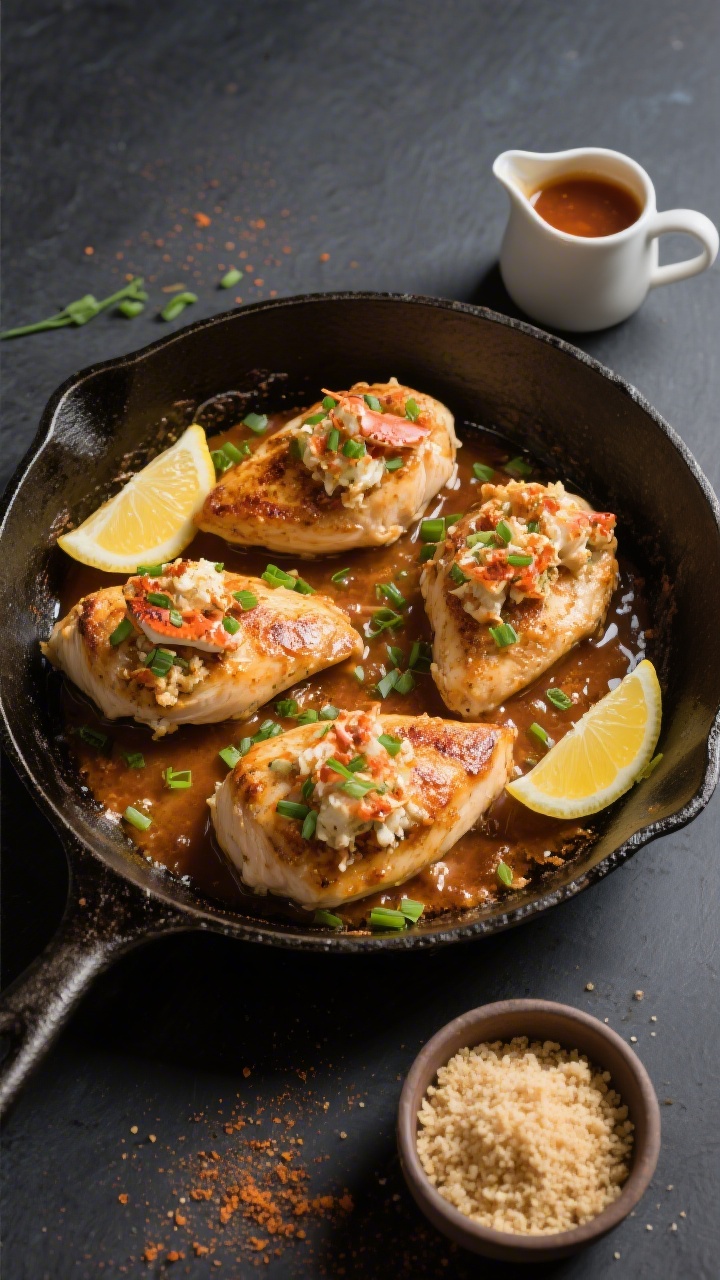 Overhead tasty top view: Skillet-to-table presentation of Chicken Chesapeake fresh from the oven—f