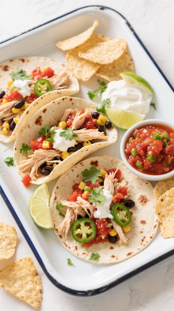 Overhead “tasty top view” taco spread: Warm flour tortillas filled with shredded chicken salsa (