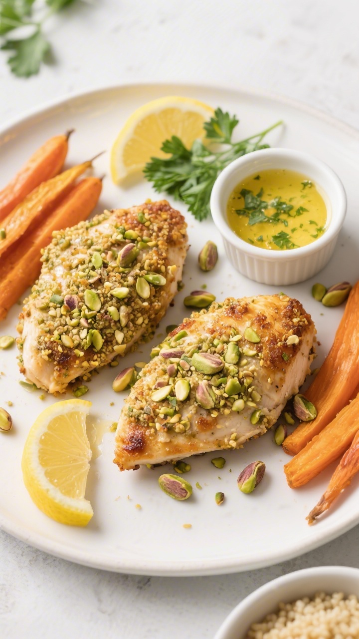 Overhead tasty top view: Top-down shot of a weeknight dinner spread featuring two pistachio-crusted