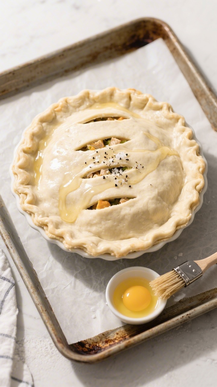 Overhead, tasty top view: Unbaked assembled chicken potpie in a 9-inch pie dish—chilled top crust