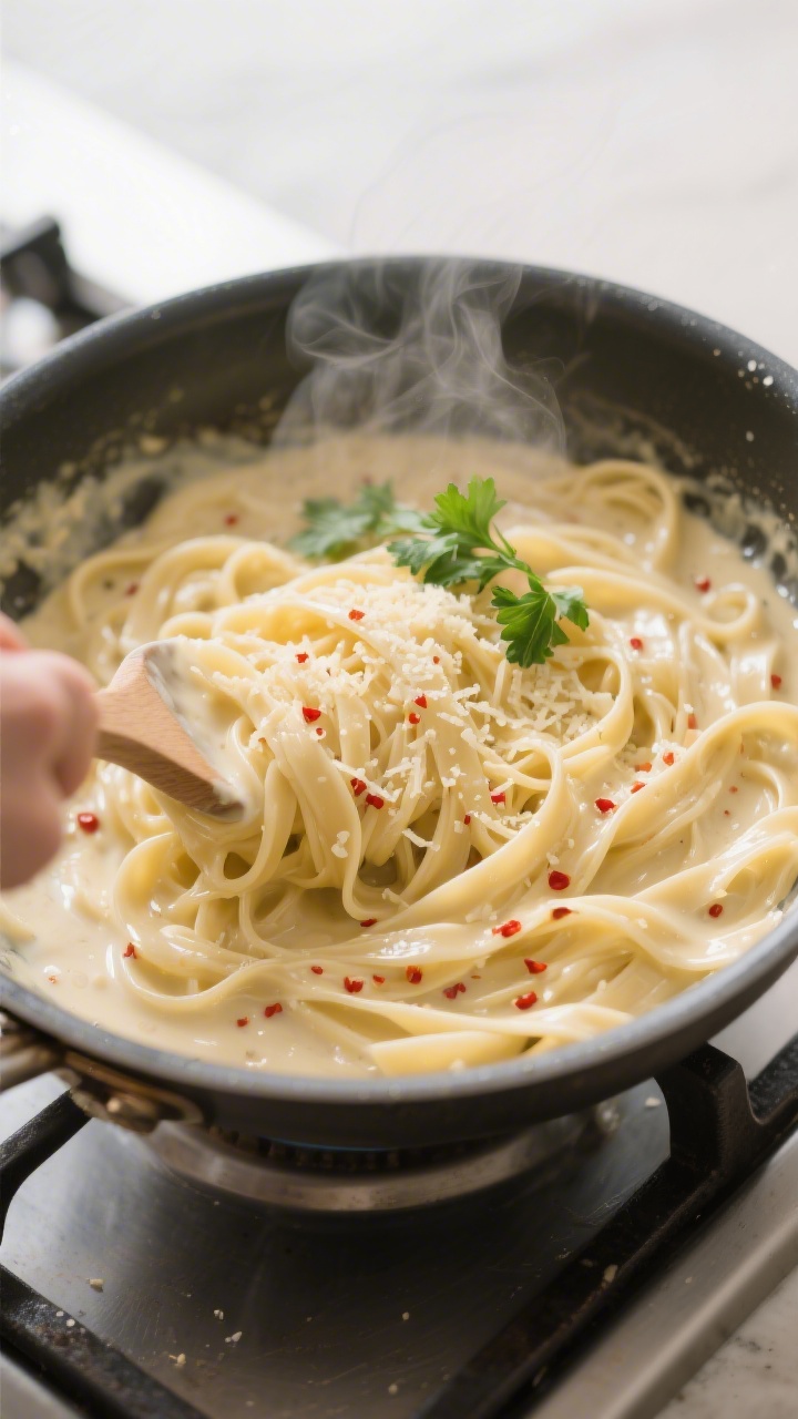 Overhead “tossing in the skillet” shot: Fettuccine just added to a creamy jar Alfredo sauce boos