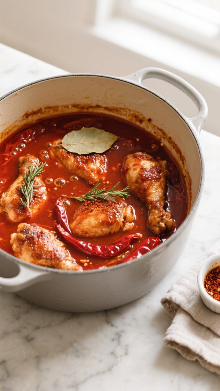 Sauce-building action shot: Overhead shot of the simmering trinchado sauce after wine deglaze, deep