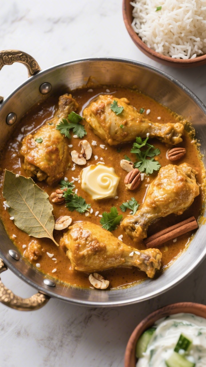 Tasty overhead shot: of a family-style serving of chicken korma in a brushed metal kadai or shallow