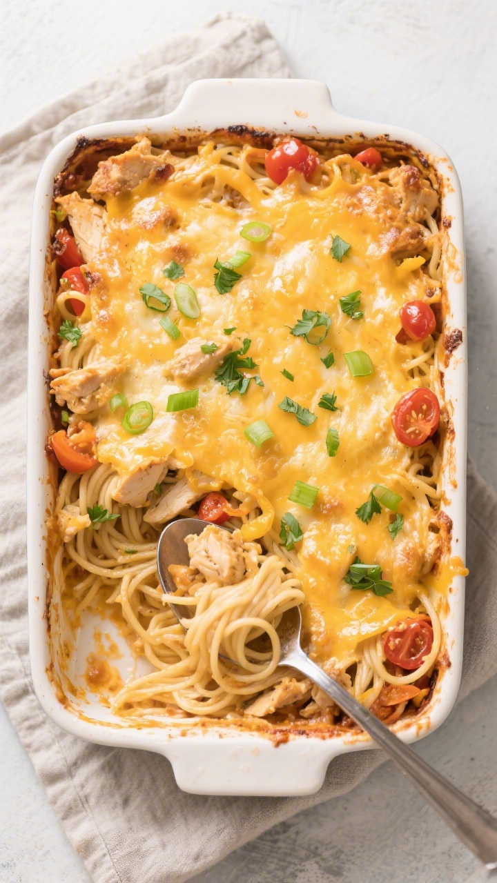 Tasty : Overhead shot of cheesy chicken spaghetti after the optional bake, in a 9x13-inch baking dis
