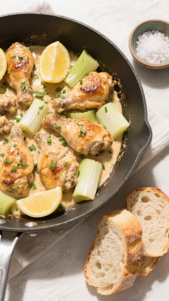 Tasty : Overhead shot of chicken and leeks served family-style in a large skillet, showing even slic