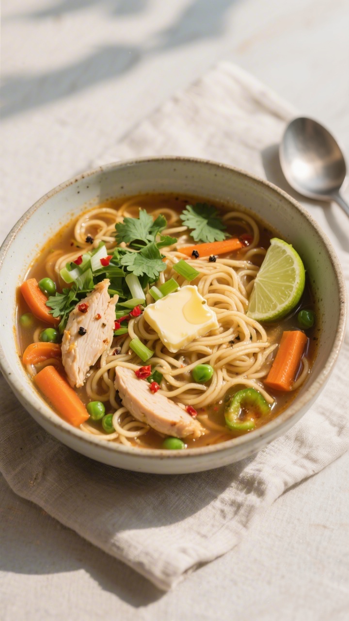 Tasty top-down shot: Overhead view of chicken Maggi in a wide ceramic bowl, brothy and comforting wi