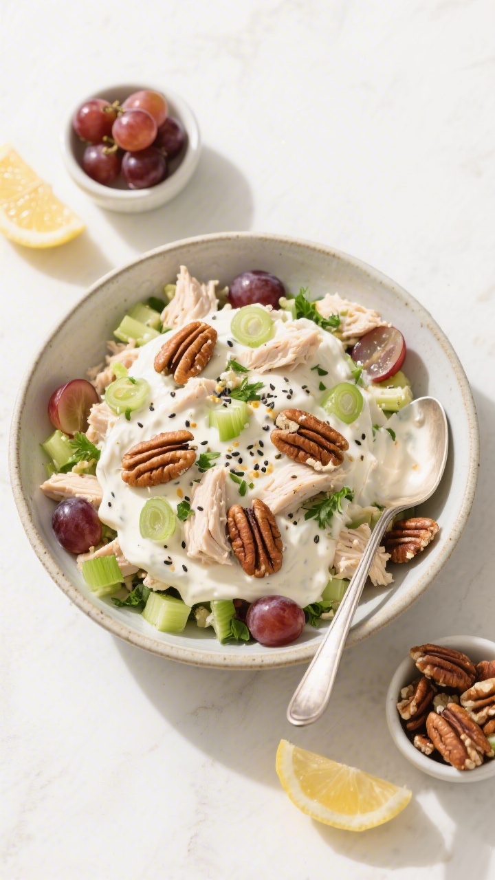 Tasty top-view bowl: Overhead shot of pecan chicken salad in a wide, shallow ceramic bowl, showing e