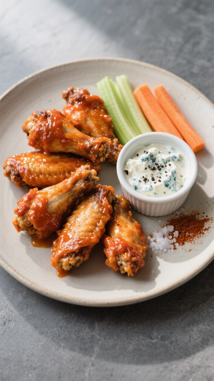 Tasty top view final dish: Overhead shot of a restaurant-quality platter of Buffalo chicken wings, v