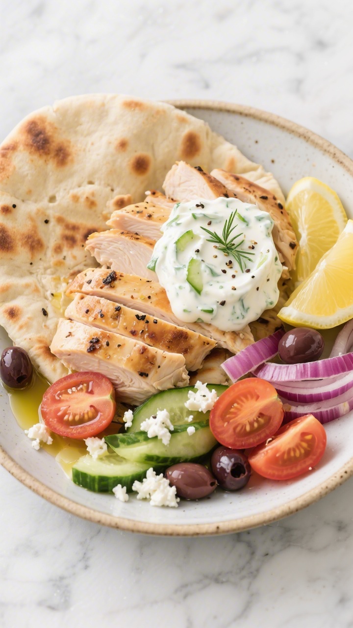 Tasty top view: Final plated Chicken Tzatziki bowl—overhead shot of sliced juicy chicken over warm