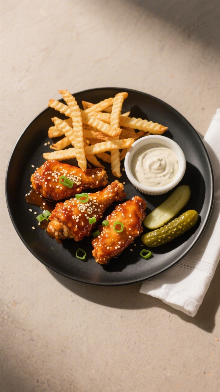 Tasty top view: Final plated honey hot chicken tenders on a matte black plate, fully sauced and lacq