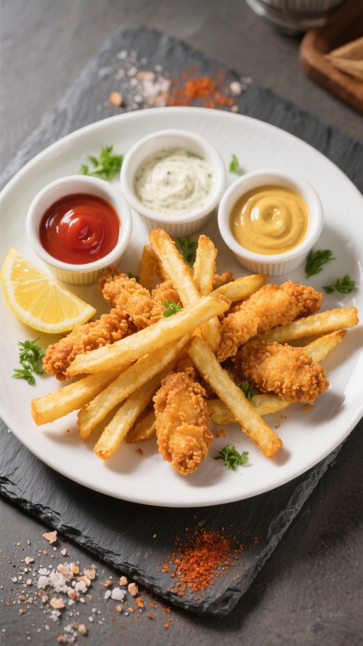Tasty top view, final presentation: Overhead shot of a platter of chicken fries arranged like fanned