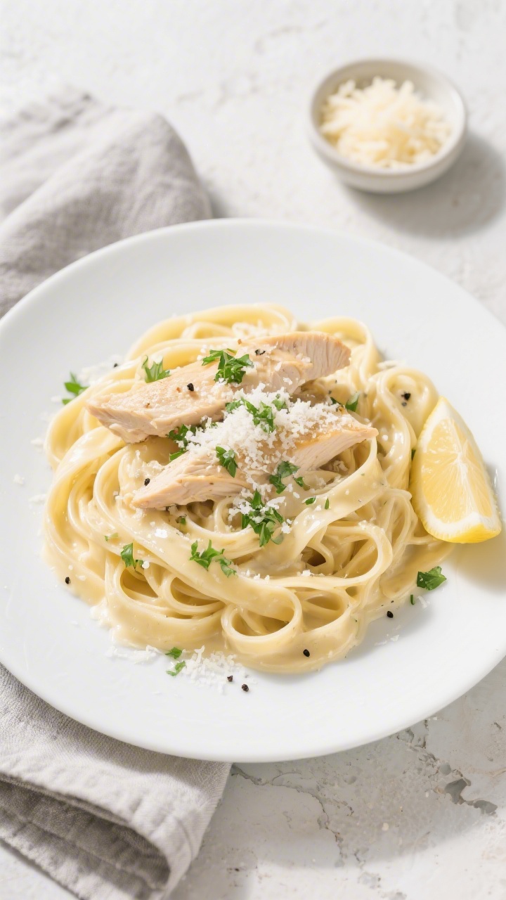 Tasty top view final presentation: Overhead shot of restaurant-quality Chicken Fettuccine Alfredo tw