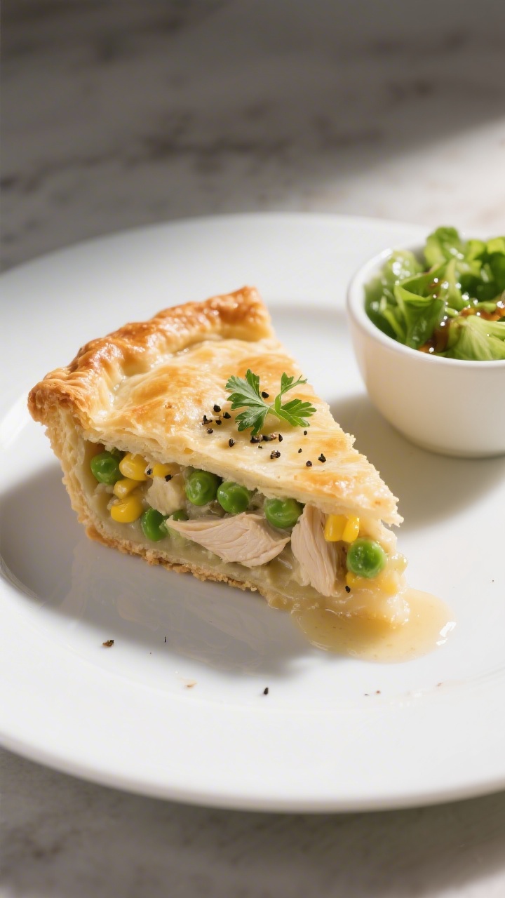 Tasty top view (final slice plated): Overhead shot of a neatly cut slice of chicken pot pie on a mat