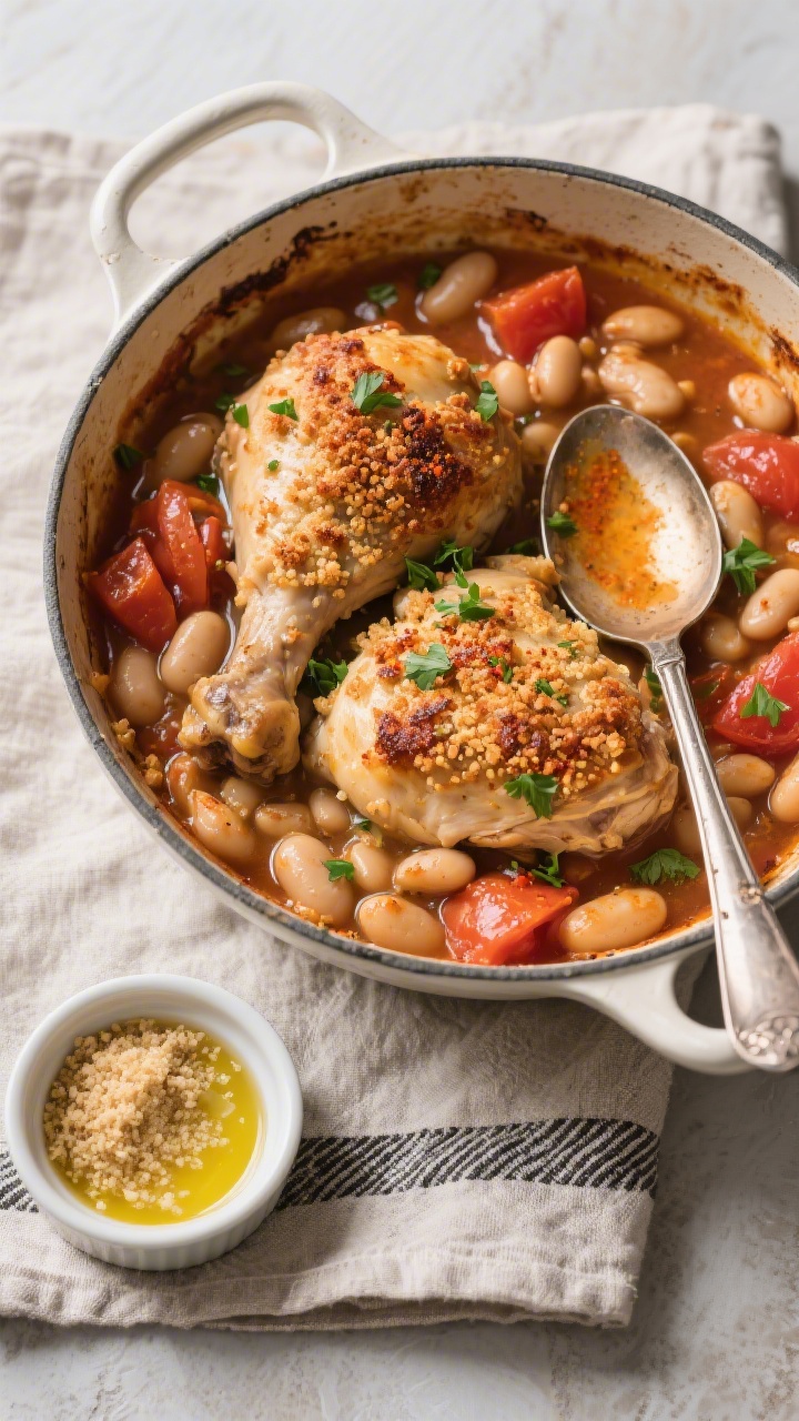 Tasty top view — Oven-finished cassoulet: Overhead shot of chicken cassoulet fresh from the oven w