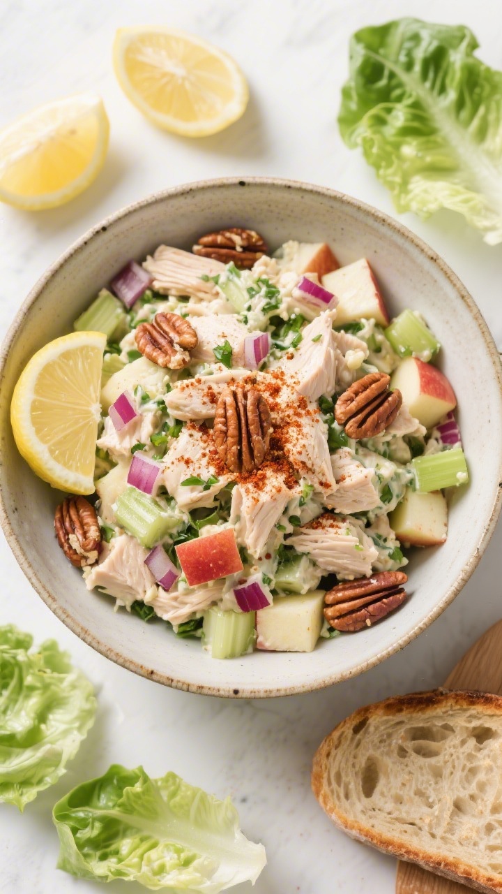 Tasty top view, overhead bowl: Overhead shot of a large ceramic bowl of smoked chicken salad just af