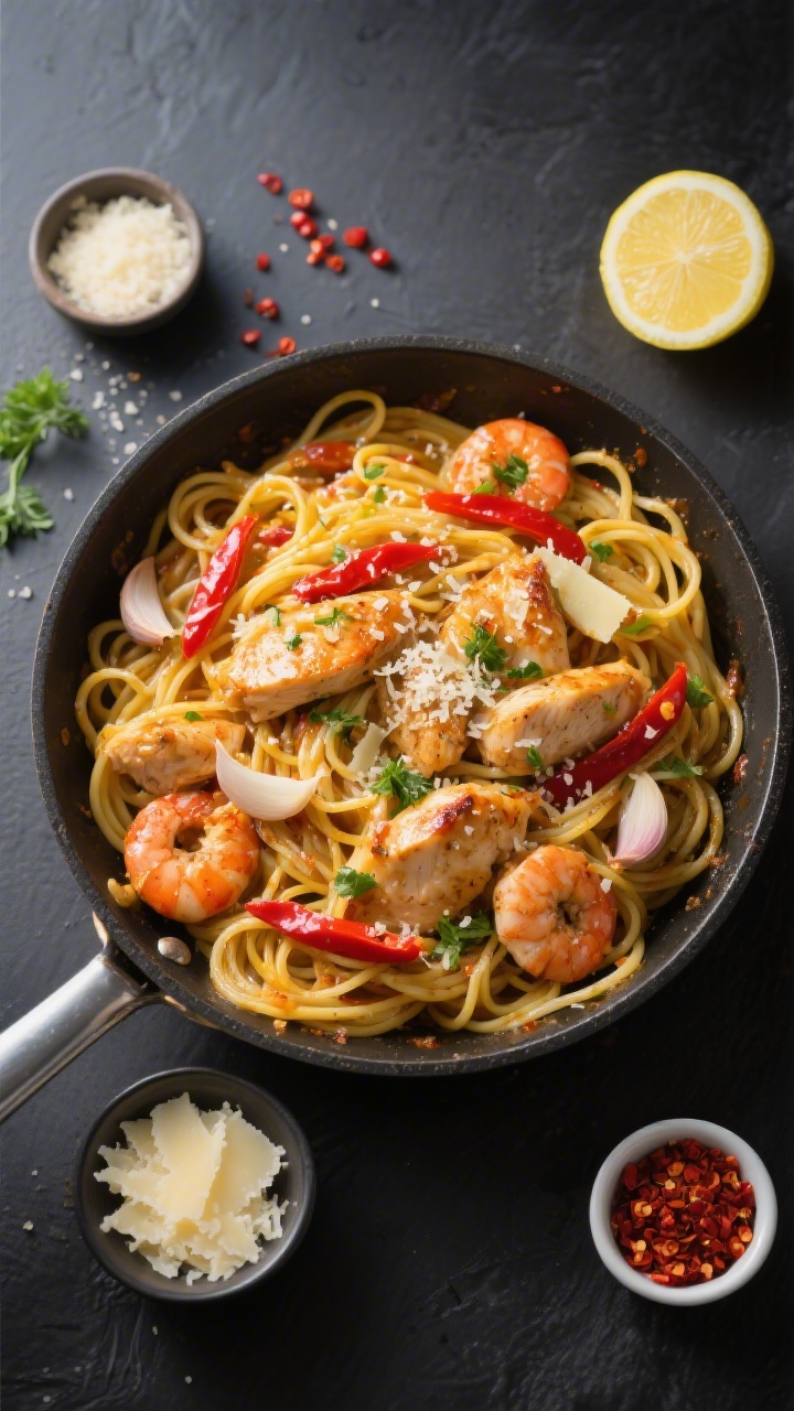 Tasty top view, overhead: Overhead shot of a large skillet of finished chicken scampi tossed with li