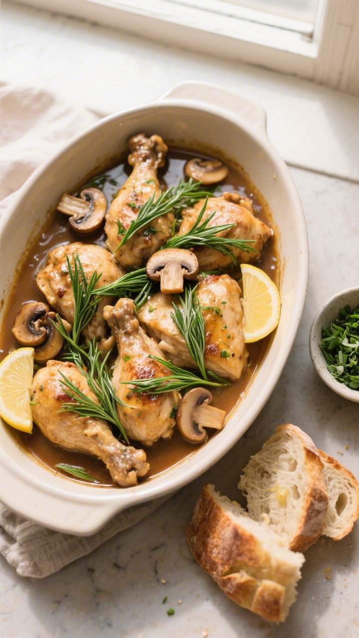Tasty top view, overhead: Overhead shot of tarragon chicken served family-style in a shallow braiser