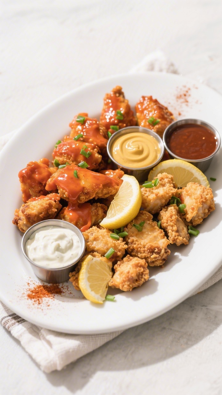 Tasty top view: Overhead platter of finished chicken bites arranged in a loose heap, half tossed in