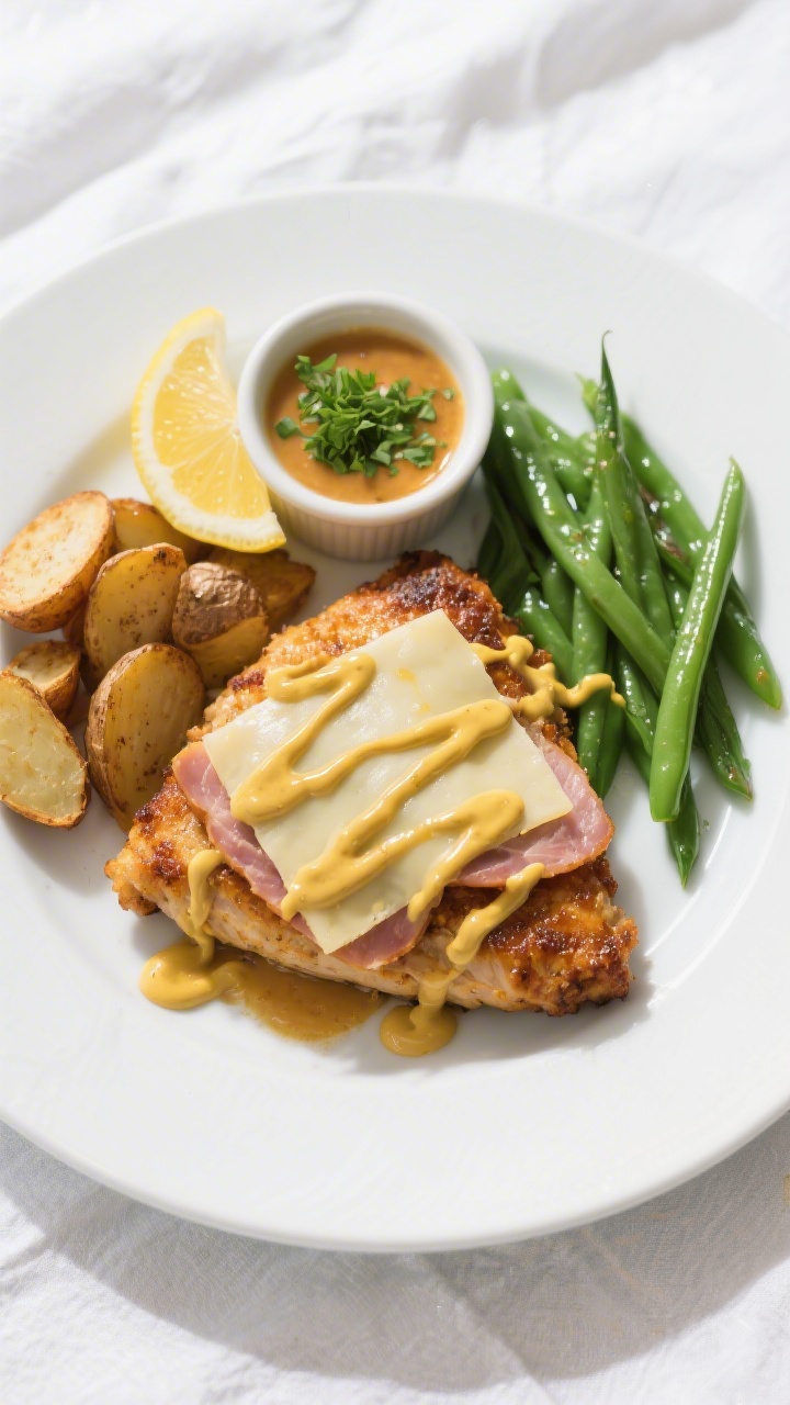 Tasty top view: Overhead shot of a beautifully plated Malibu chicken on a white ceramic plate—ham