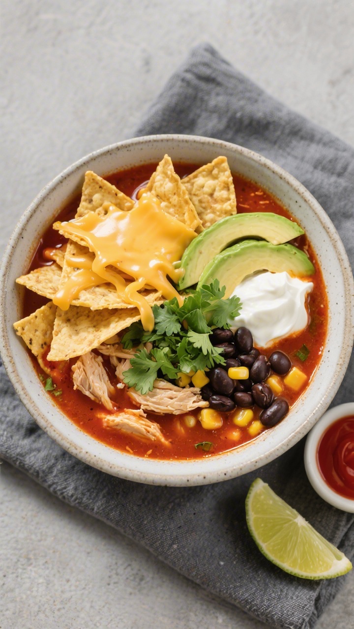 Tasty top view: Overhead shot of a bowl of chicken tortilla soup, vibrant and layered—golden crisp