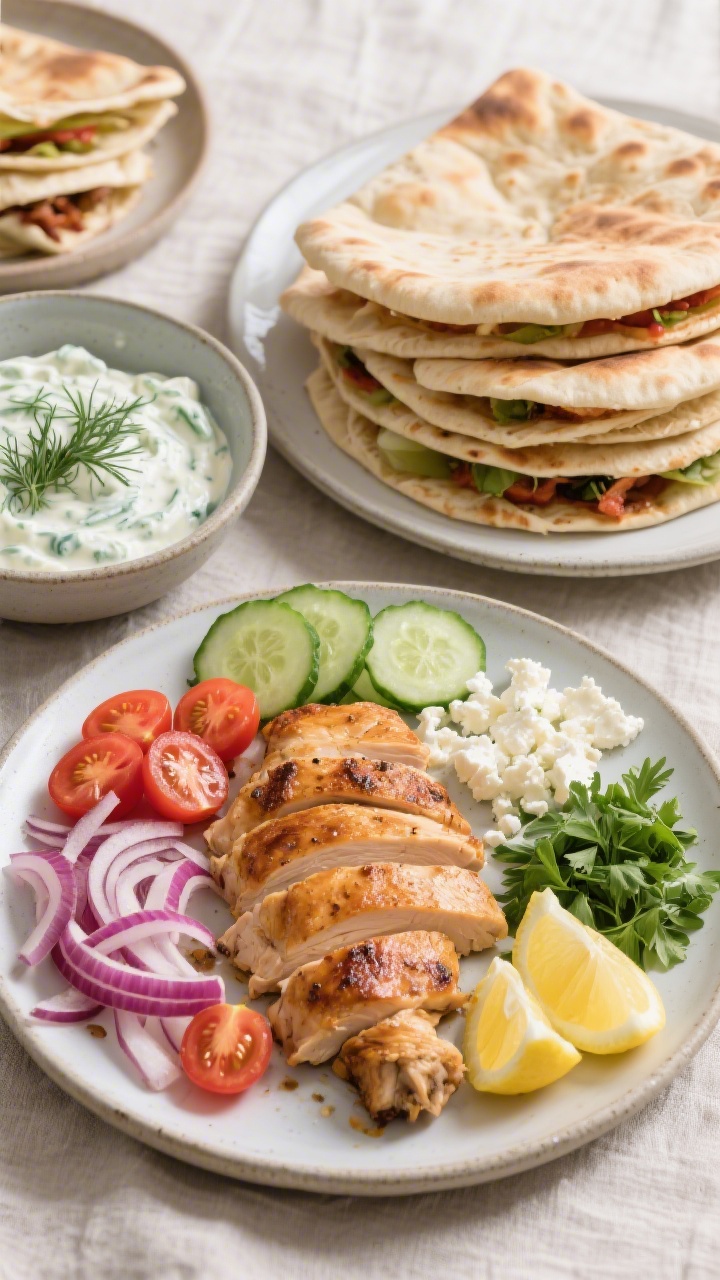 Tasty top view: Overhead shot of a build-your-own gyro spread—stack of warm, pocketless Greek pita