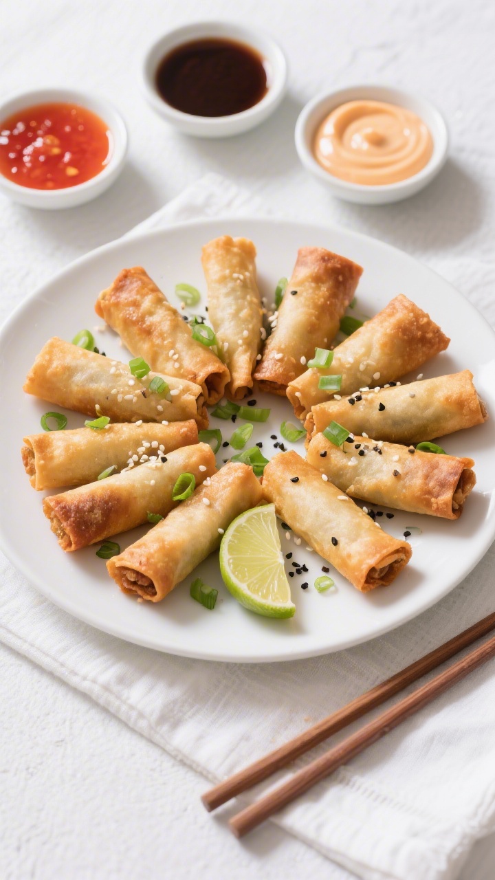 Tasty top view: Overhead shot of a final platter of chicken egg rolls arranged in a fan on a matte w