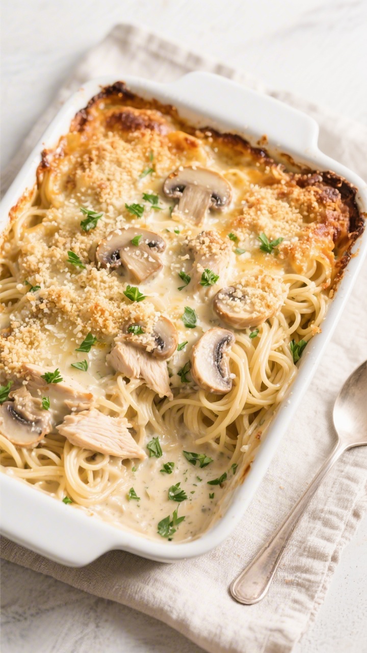 Tasty top view: Overhead shot of a freshly baked Chicken Tetrazzini in a 9x13 white ceramic dish, bu