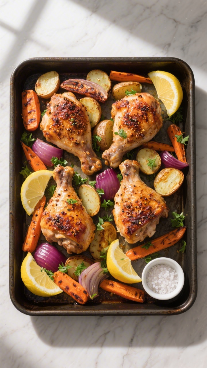 Tasty top view: Overhead shot of a sheet-pan dinner variation—roasted chicken thighs with deeply c