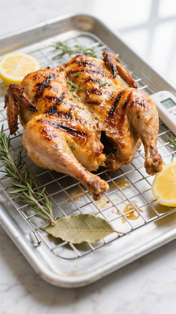Tasty top view: Overhead shot of a spatchcocked grilled chicken resting on a wire rack over a sheet